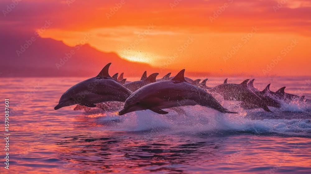 Fototapeta premium Dolphins leaping at vibrant sunset