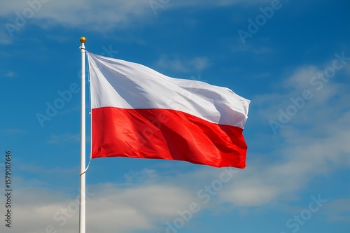 Free Download A red and white national flag waving proudly on a tall pole against a bright blue sky, symbolizing freedom and independence. - GFXLoad