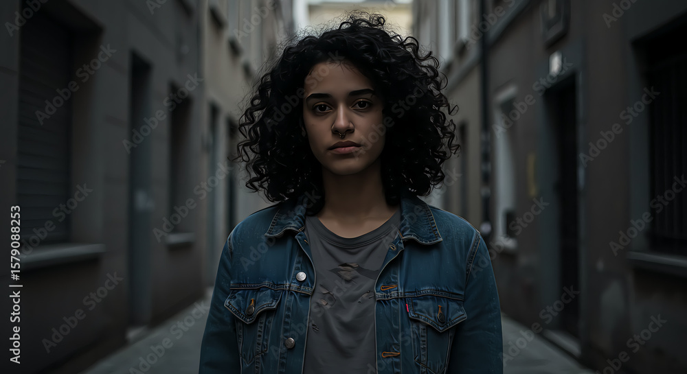A young woman with curly hair stands in a narrow alleyway, looking directly at the viewer. A young woman with curly hair stands in a narrow alleyway, looking directly at the viewer.