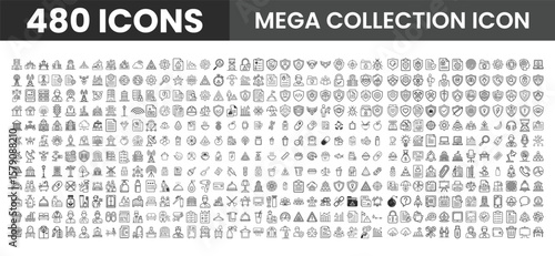 Mega collection of 480 line icons. business, food and drinks, health, internet, hotel services, infographic elements, risk management, and security shield icons. Vector bundle set.