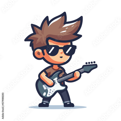 A side pose of a cute rockstar boy with spiky hair and sunglasses, playing an electric guitar, simplified flat mascot on white background