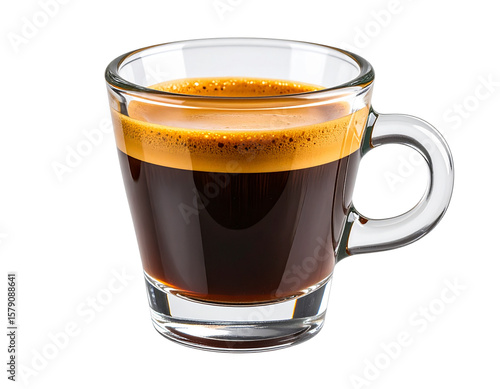 Clear glass cup of rich espresso coffee with crema layer, isolated on transparent background PNG