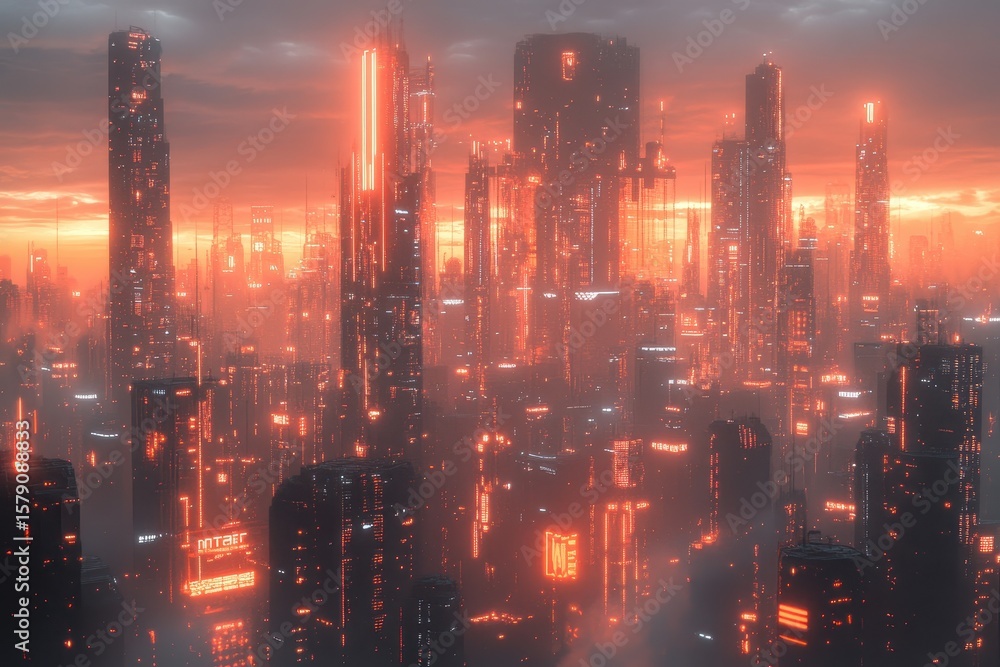 Fototapeta premium Futuristic Cityscape with Neon Lights and Glowing Skyscrapers