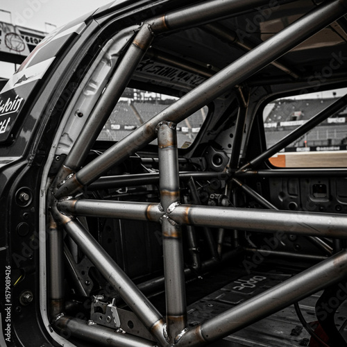 Extreme Macro: Roll Cage Welding Detail in Stadium, Sharp Focus, 8K Resolution.