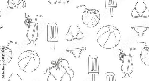 Summer themed line art pattern with beach balls swimwear drinks and popsicles.