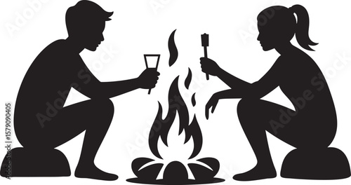Couple roasting marshmallows by campfire silhouette people