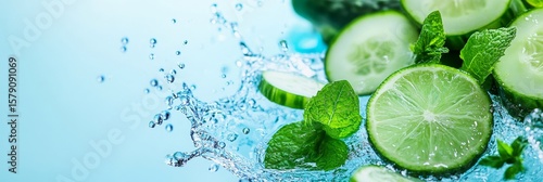 Lime Cucumber Mint Splash - Refreshing summer drink, vibrant green hues, healthy hydration, natural ingredients, clean lifestyle