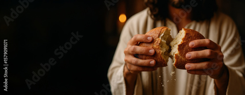 Jesus Breaking Bread During the Last Supper

Close-Up of Jesus Dividing Bread with His Hands

Symbolic Act of Jesus Breaking Bread

The Breaking of Bread in a Sacred Moment