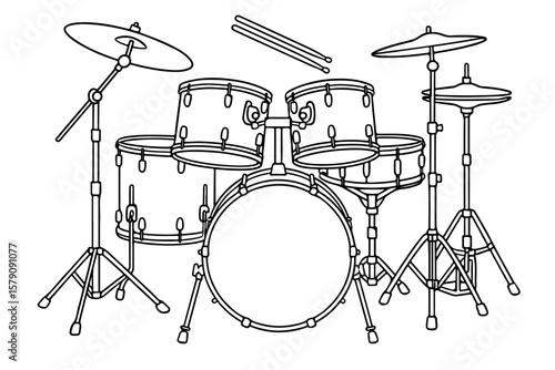 Drum kit, energetic style, musical percussion instrument on white background with copy space