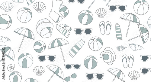 Summer beach pattern featuring sunglasses umbrellas beach balls towels and seashells.