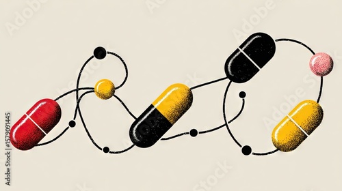 Colorful capsules connected by black lines on light background, symbolizing pharmaceutical supply chain and medical logistics