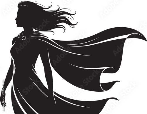 Elegant woman silhouette flowing cape dramatic wind black white