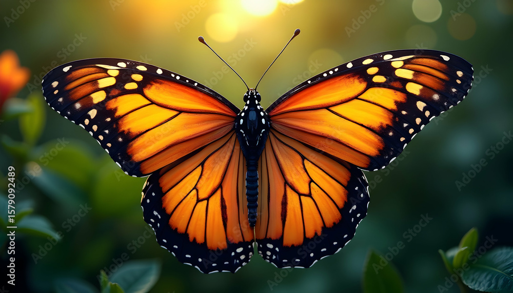 Naklejka premium Monarch butterfly on leaves with a blurred background in a detailed illustration