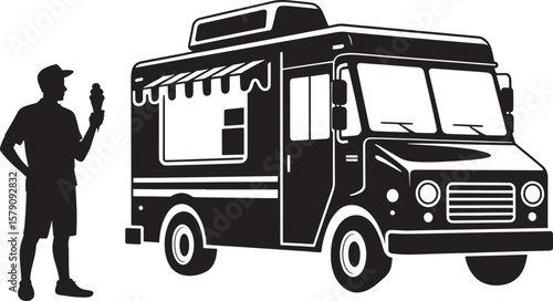Man holding ice cream cone beside food truck black white
