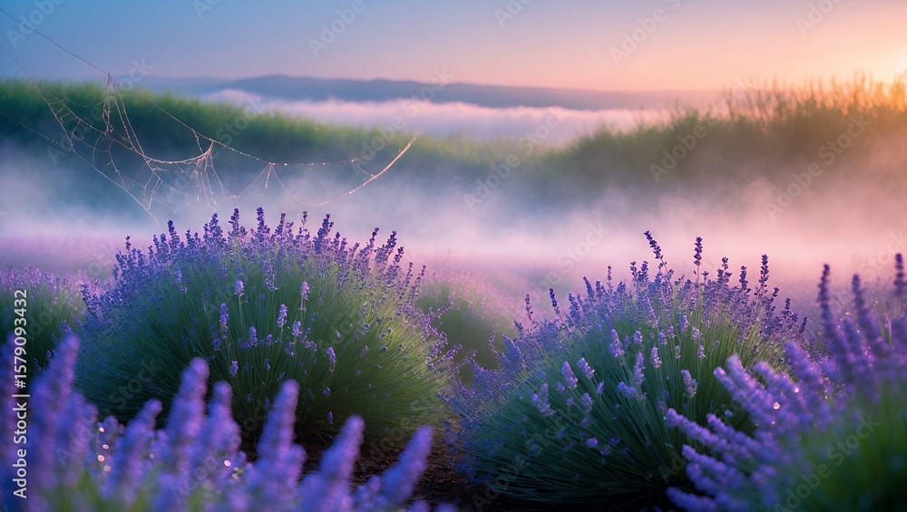 Obraz premium Lavender field with fog and spiderweb at sunrise