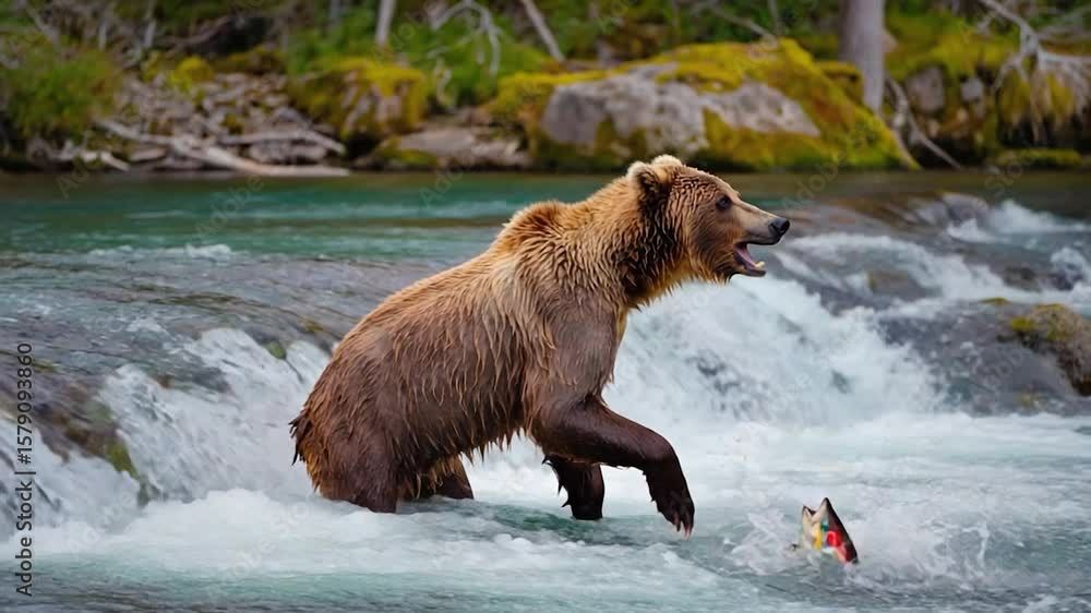 Grizzly bear catches salmon in a fast-flowing river Grizzly bear catches salmon in a fast-flowing river