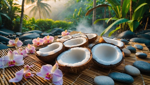 Coconut and Orchid on bamboo mat in nature