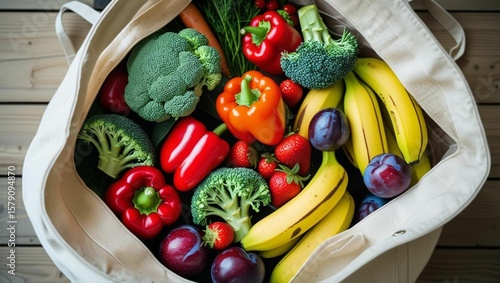 Eco-Friendly Grocery Shopping
Top-down flat lay of a cotton tote filled with fresh vegetables and fruits.
Zero waste, plastic-free lifestyle, local food movement.