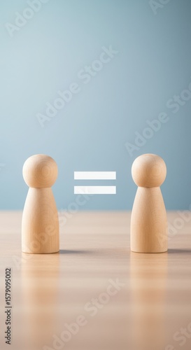 Wooden figurines with equals sign symbolizing equality. Minimalist representation of balance and fairness. Neutral-toned composition for calm aesthetics.