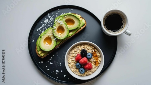 Breakfast Flat Lay on a Black Table
Top-down shot with trendy foods (avocado,toast,oatmeal, coffee).
Clean composition, ideal for health or lifestyle topics.