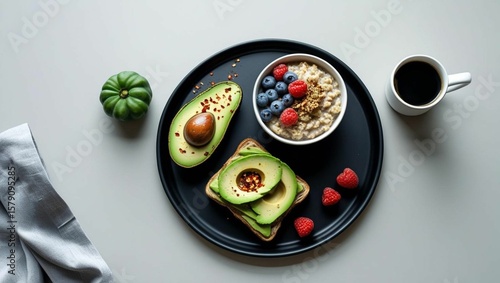 Breakfast Flat Lay on a Black Table
Top-down shot with trendy foods (avocado,toast,oatmeal, coffee).
Clean composition, ideal for health or lifestyle topics.