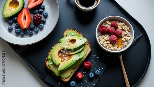 Breakfast Flat Lay on a Black Table
Top-down shot with trendy foods (avocado,toast,oatmeal, coffee).
Clean composition, ideal for health or lifestyle topics.