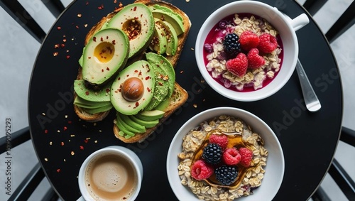Breakfast Flat Lay on a Black Table
Top-down shot with trendy foods (avocado,toast,oatmeal, coffee).
Clean composition, ideal for health or lifestyle topics.