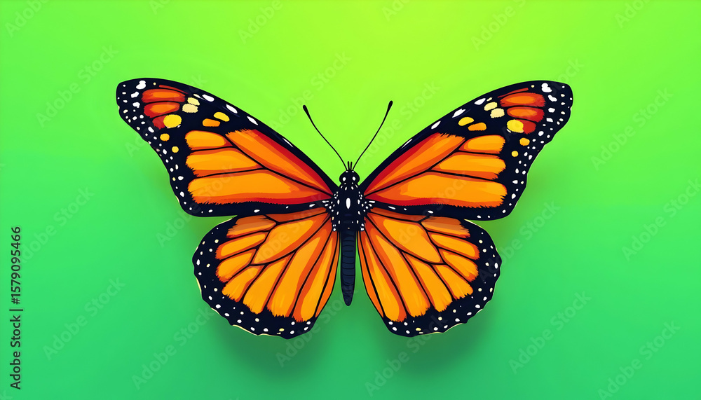 Fototapeta premium Vibrant Monarch Butterfly Illustration Against a Gradient Green Background Element