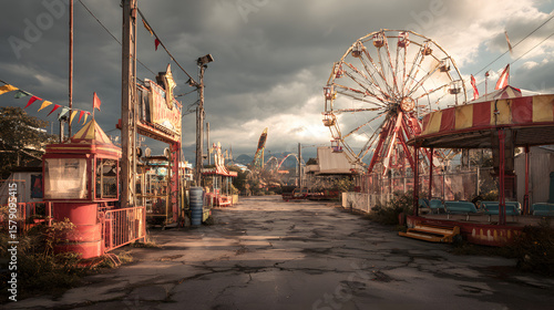 Abandoned Amusement Park with Ferris Wheel Under Dramatic Sky