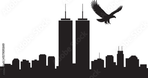 Twin towers skyline with soaring eagle silhouette black white