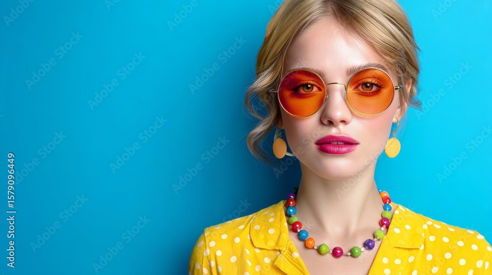 Woman wearing a yellow polka dot dress and colorful necklace stands in front of a blue background Woman wearing a yellow polka dot dress and colorful necklace stands in front of a blue background