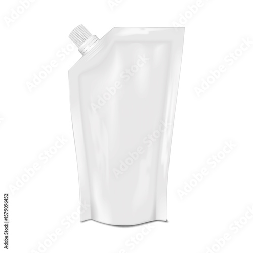 White blank spouted stand-up pouch. Realistic 3d vector mockup. Nozzle plastic bag with screw cap. Mock-up. Liquid food reclosable packaging. Template for design