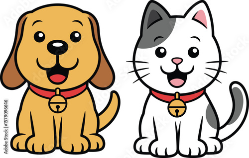 PrintCute cartoon dog and cat with red collars, happy pet friends illustration, vector design for kids, animal mascot graphi