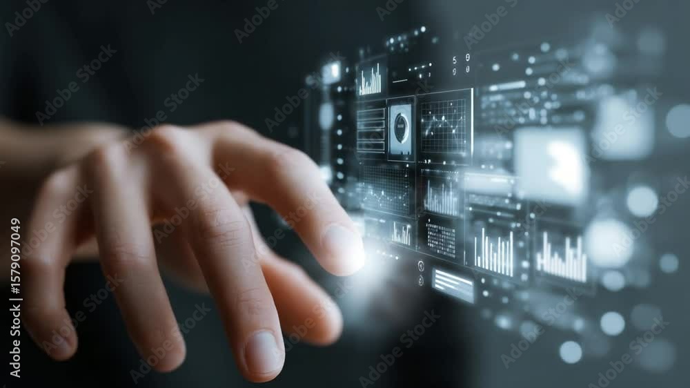 Interactive Data Visualization: A Hand Interacting with Holographic Digital Interface Interactive Data Visualization: A Hand Interacting with Holographic Digital Interface