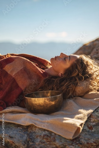 A photograph of a young woman receiving sound healing therapy with a brass singing bowl on a quiet, rocky mountain plateau.