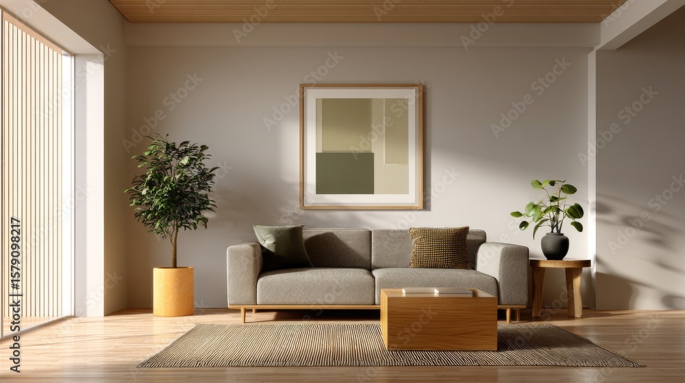 Fototapeta premium Modern minimalist living room interior gray sofa wooden coffee table plants and abstract art