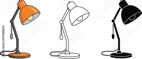 Desk lamp illustration: cartoon, outline, and silhouette versions for graphic design and web use cases vector