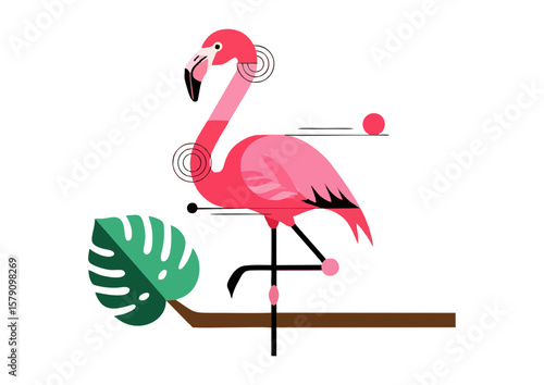 Stylized flamingo illustration standing on a branch with a large leaf