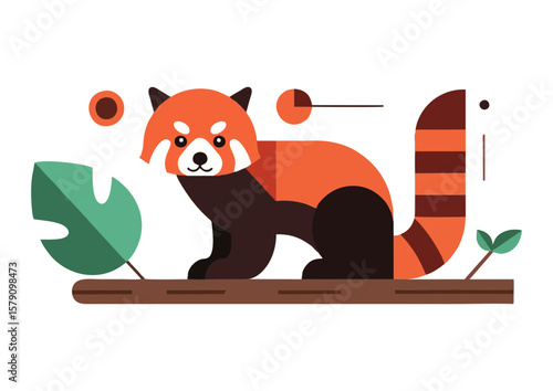 Colorful red panda illustration sitting on a branch with leaves
