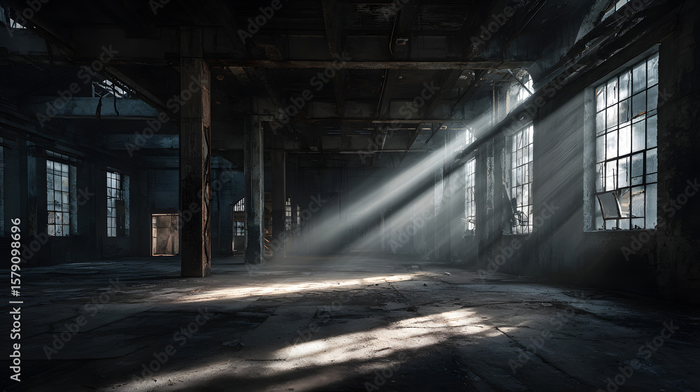 Fototapeta premium Abandoned Warehouse Interior with Sunlight Streaming Through Windows