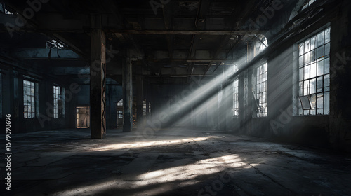 Abandoned Warehouse Interior with Sunlight Streaming Through Windows