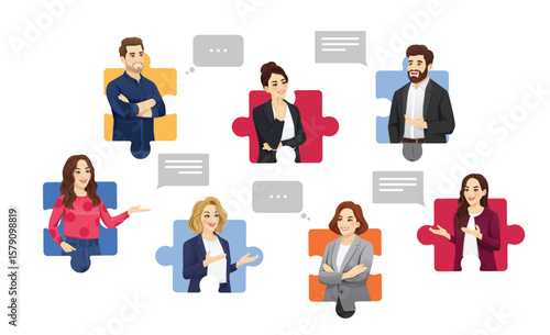 Concept of teamwork and collaboration. Business people communicating and working together inside puzzle pieces. Isolated vector illustration.