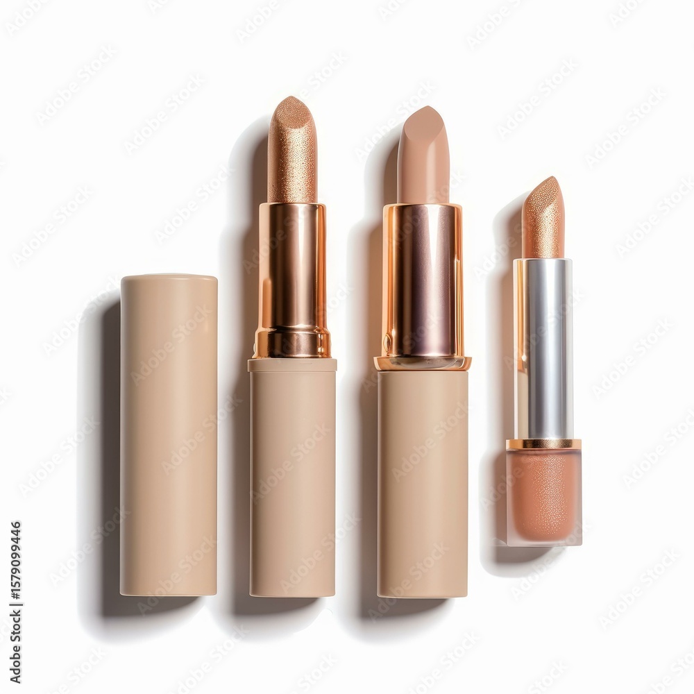 Obraz premium Different shades of fashionable lipsticks are displayed on a white background, highlighting current beauty trends