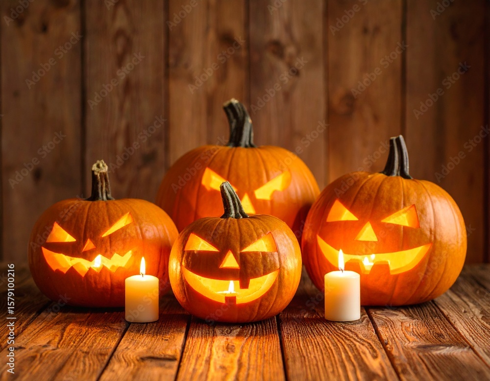 Obraz premium Spooky Halloween Night: Jack O' Lanterns and Lit Candles on Rustic Wood Background