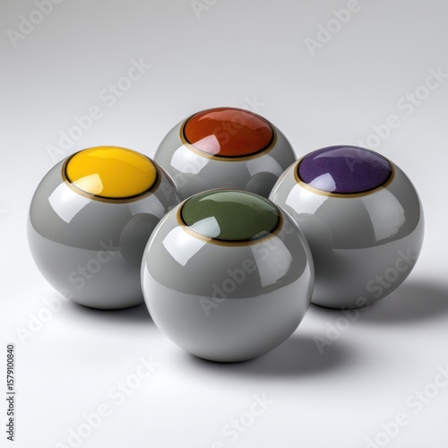 Four spherical decorative objects with colored tops isolated on white background