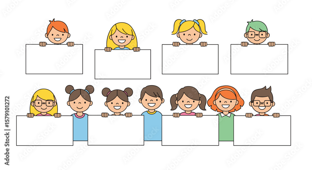 Fototapeta premium Happy children holding blank signs for text and messages kids displaying empty boards cheerful youngsters presenting information