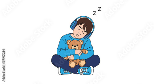 Adorable young boy wearing headphones sleeping peacefully with a teddy bear