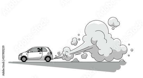 Small car emitting a large cloud of exhaust smoke from its tailpipe causing air pollution