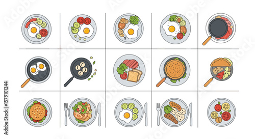Collection of delicious breakfast dishes artfully presented in a grid layout