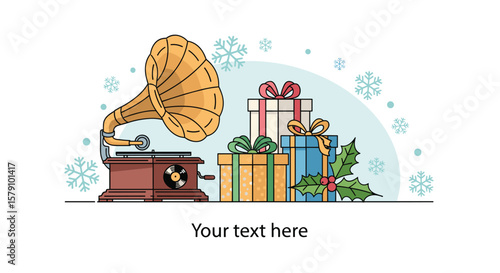 Vintage music player with festive gift boxes and winter snowflakes for holidays